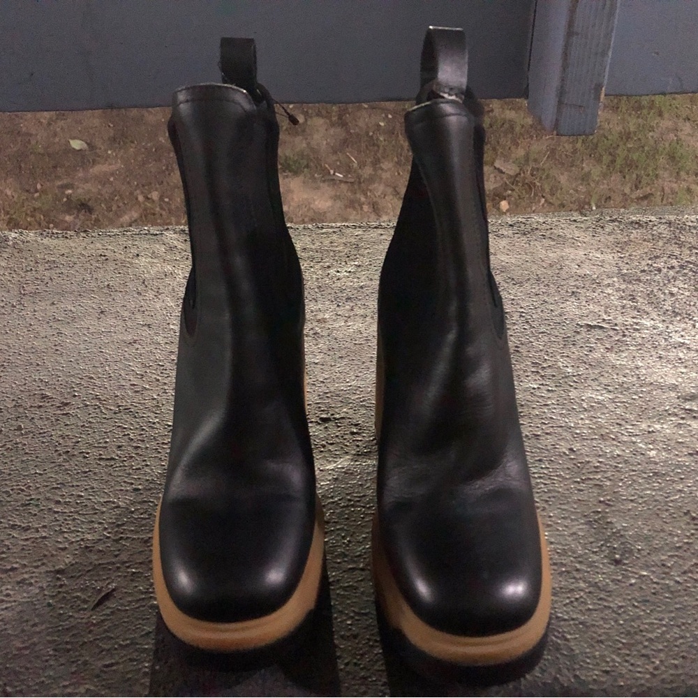 Moncler Black Leather Ankle Boots with Tan Soles